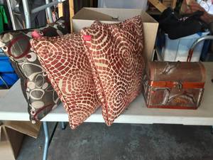 lot 4 image: 3-Decorative Throw Pillows, 1-Twig Crafted Chest