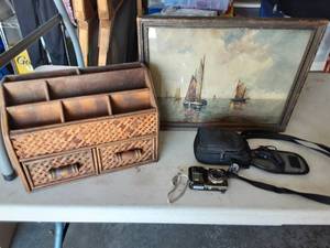 lot 5 image: Vintage Sail Boat Print 18x14, Desk Organizer, Fuji Camera With Case