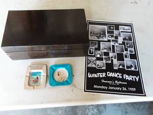lot 7 image: Footed Stash Box 14x8x5, 50s Poster & 2-Tin Ash Trays