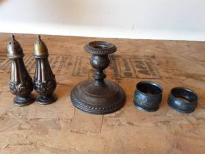 lot 15 image: Gorham Sterling Candle Holder, Pair Salt & Pepper, Napkin Rings