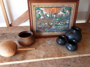 lot 17 image: Lot Of Mexican Folk Art (18x14) Print, Pottery & Wooden Bowl