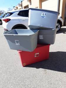 lot 19 image: 1-Large Tote Bin With Wheels & Lid & 3-Others No Lids