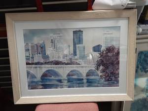 lot 25 image: Framed Print By Lou Roman (Watercolor Artist) Minneapolis Skyline & Arch Bridge