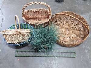 lot 29 image: Lot Of Wicker Baskets Large Is 24, Greenery & 1-Metal Shelf