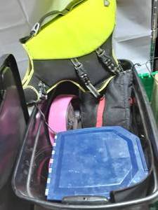 lot 32 image: 20 Gallon Tote With Lid Full Of Dog Related-Leashes, Life Jacket, Auto Feeder, More