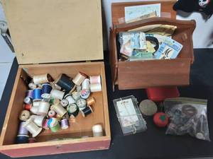 lot 34 image: Vintage Sewing Box With Notions, Other Wood Box With Old Thread
