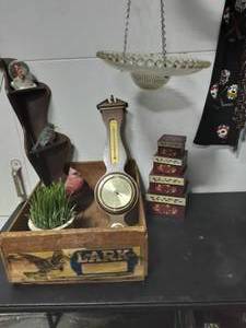lot 39 image: Vintage Crate, Corner Shelf, Barometer, Decorative Boxes, Birds & Feeder Made From Light Fixture Globe