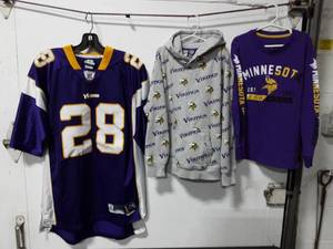 lot 42 image: MN Vikings #28 Peterson Jersey Size Large, Youth Hoody Size 14 & Long Sleeve Size 12