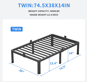 lot 218 image: 14 Inch Twin Metal Platform Bed Frame with Round Corner Legs, 3000 LBS Heavy Duty Steel