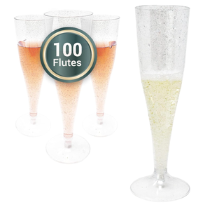 lot 252 image: Reli 100 Bulk Pack Silver Glitter Plastic Champagne Flutes 4.5 Oz