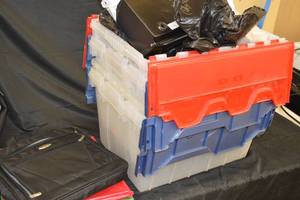 lot 102 image: Bulk Storage & Assorted Lot - Tote Bins, Laptop Bag, Folding Baskets, Decorative Shelf, Mailbox, Etc.