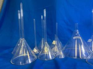 lot 33 image: 16 - Assorted Glass Funnels, Long and Short Stem (SEE PHOTO)