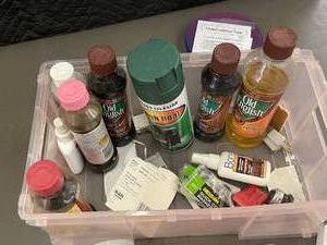 lot 92 image: Box of floor and furniture cleaners and paints etc            G3