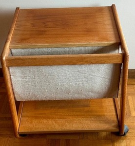 Vintage FBJ Mbler Danish Modern Teak Wood Canvas Fabric Magazine Rack End Table