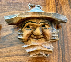 Two Vintage Cute Hand Carved Wooden Faces