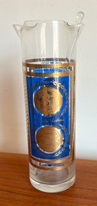 Mid Century Culver Blue and Gold Double Spot Pitcher with 6 Lowball Glasses