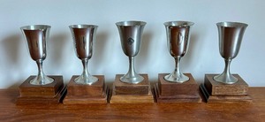 Vintage Pewter Cups on Wooden Stands