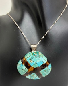 Turquoise and Tigers Eye Encrusted Shell Pendant Sterling Silver Necklace