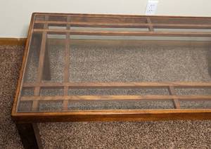 lot 12 image: Glass Topped Wood Coffee Table