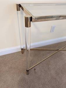 lot 14 image: Rectangular Brass Console table with Lucite legs and cross-bottom bar