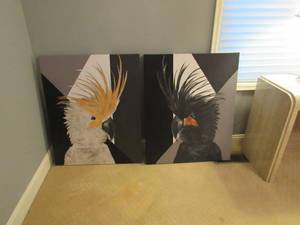 lot 27 image: 2 Large Bird prints on  canvas over wood frame opposites (darklight) contrast