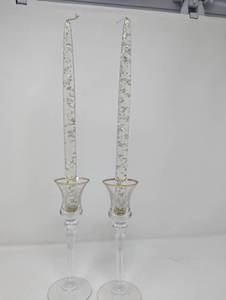 lot 31 image: Multi group 2 Vintage lucite candlesticks & 8 crystal  gold deer napkin rings, crystal, enameled egg, czech porcelain cup with gold,votives