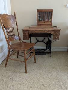 lot 57 image: Vintage Sewing Nook Essentials Antique Treadle sewing Machine by Signature  Vintage Spooler & Chair