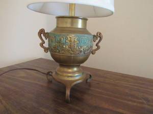 lot 62 image: Mid-Century Modern Brass Table Lamp with Patinated Finish & Silk Shade