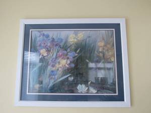 lot 68 image: Eye-Catching Parisian Floral Print Large Matted Artwork in Blue Tones
