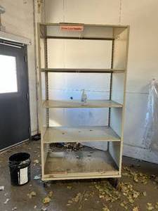 lot 1 image: 4-Shelf Heavy Duty Steel Metal Mobile Supply Item Display Storage Cart - Needs a little clean up - Good Condition Approximately 6x3x2 - Shelf Height Is Adjustable...