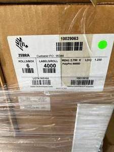 lot 12 image: MSRP $9000  35 Cases (6 rolls per case - 4000 labels per roll) NEW Zebra 10027504 2.75 x 1.25 PolyPro 4000D Labels - these&nbspbarcode labels are compatible with a wide range of thermal printers&nbsp