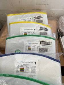 lot 15 image: MSRP $900  Lot of 6 NEW Mixed Size Inovi Healthcare Universal Deluxe Slings With Foam Head Support (Medium, Large, XL)