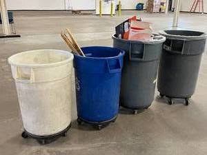 lot 53 image: Lot of 4 Circular Garbage Waste Trash Bins with Mobile Wheeled Base - In Good Condition