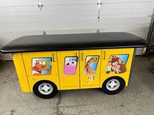 lot 87 image: WOW SO FUN MSRP $5600 Clinton Zoo Bus Pediatric Kids Treatment Table with Built-In Supply Storage Cabinets &amp Step Up Platform - Like New Condition