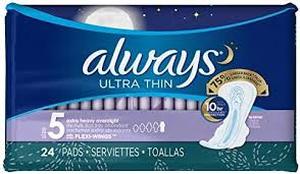 lot 66 image: Always Ultra Thin, Size 5, Extra Heavy Overnight Pads with Wings, (72 Count)