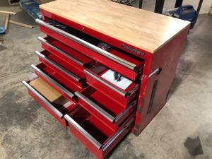 Husky 42 in. W x 18.1 in. D 8-Drawer Red Mobile Workbench Cabinet with Solid Wood Top Rusted  Customer Returns See Pictures