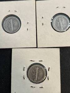 3 US MERCURY DIMES 1923 1928-D 1936-D