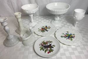 lot 18 image: Milk Glass Collection - 3 candleholders, 3 plates, 2 pedestal dishes and a goblet