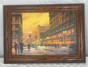 lot 27 image: Leo Stans Christmas Painting -Daytons in Downtown Minneapolis circa 1920s