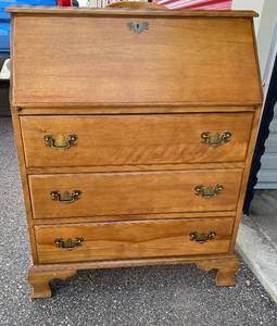 lot 48 image: 3 Drawer Secretary Desk - fold down desk with organizer