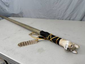 Carved Wolf Head with Feathers Walking Stick