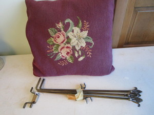lot 107 image: Needlepoint Pillow, Curtain Brackets