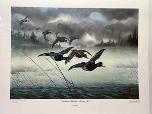 lot 20 image: Les C. Kouba Signed Numbered Print Northern Bluebills Moving In