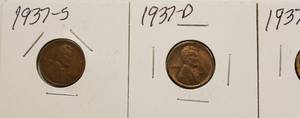 1937, 1937 - D, 1937 - S Wheat Back Pennies, Lot Of 3 Pennies.