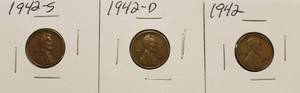 1942,1942 - D, 1942 - S, Wheat Pennies, Lot Of 3 Pennies.