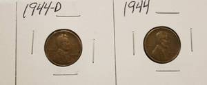 1944,1944 - D, 1944 - S, Wheat Pennies, Lot Of 3 Pennies.