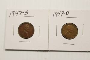1947, 1947 - D, 1947 - S, Wheat Back Pennies, Lot Of 3 Pennies