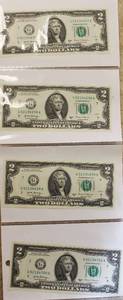 4 Rare Uncirculated Two Dollar Bills In Sequential Number Order