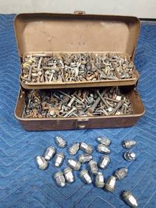lot 339 image: Vintage metal tackle box full of nuts and bolts and lug nuts
