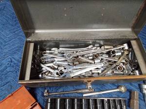 lot 287 image: Metal tool box full of sockets and wrenches